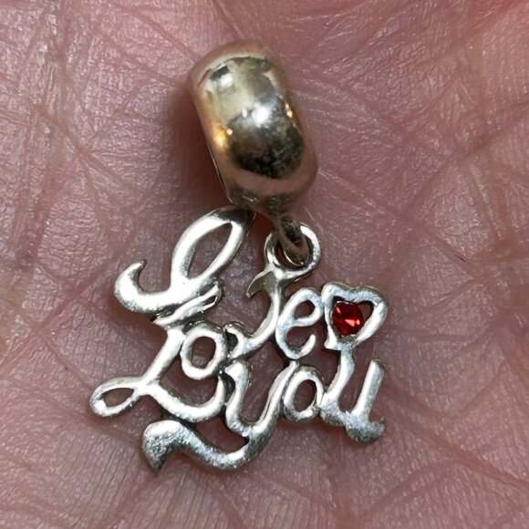 VTG Sterling Silver 925 I LOVE YOU Slide Dangle Charm Red Crystal Accent Stone - Picture 7 of 12